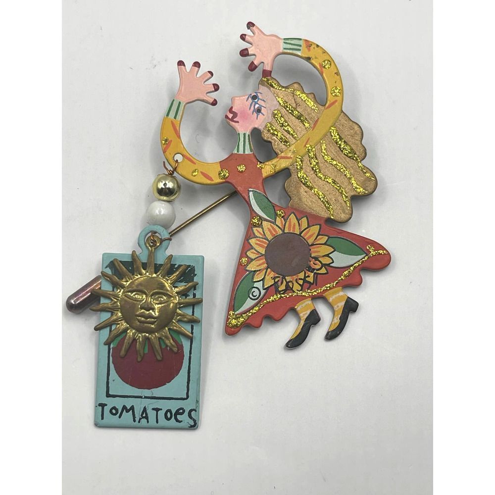 Vintage Rossi Garden‎ Fairy Metal Stick Brooch Pin Tomato And Sun